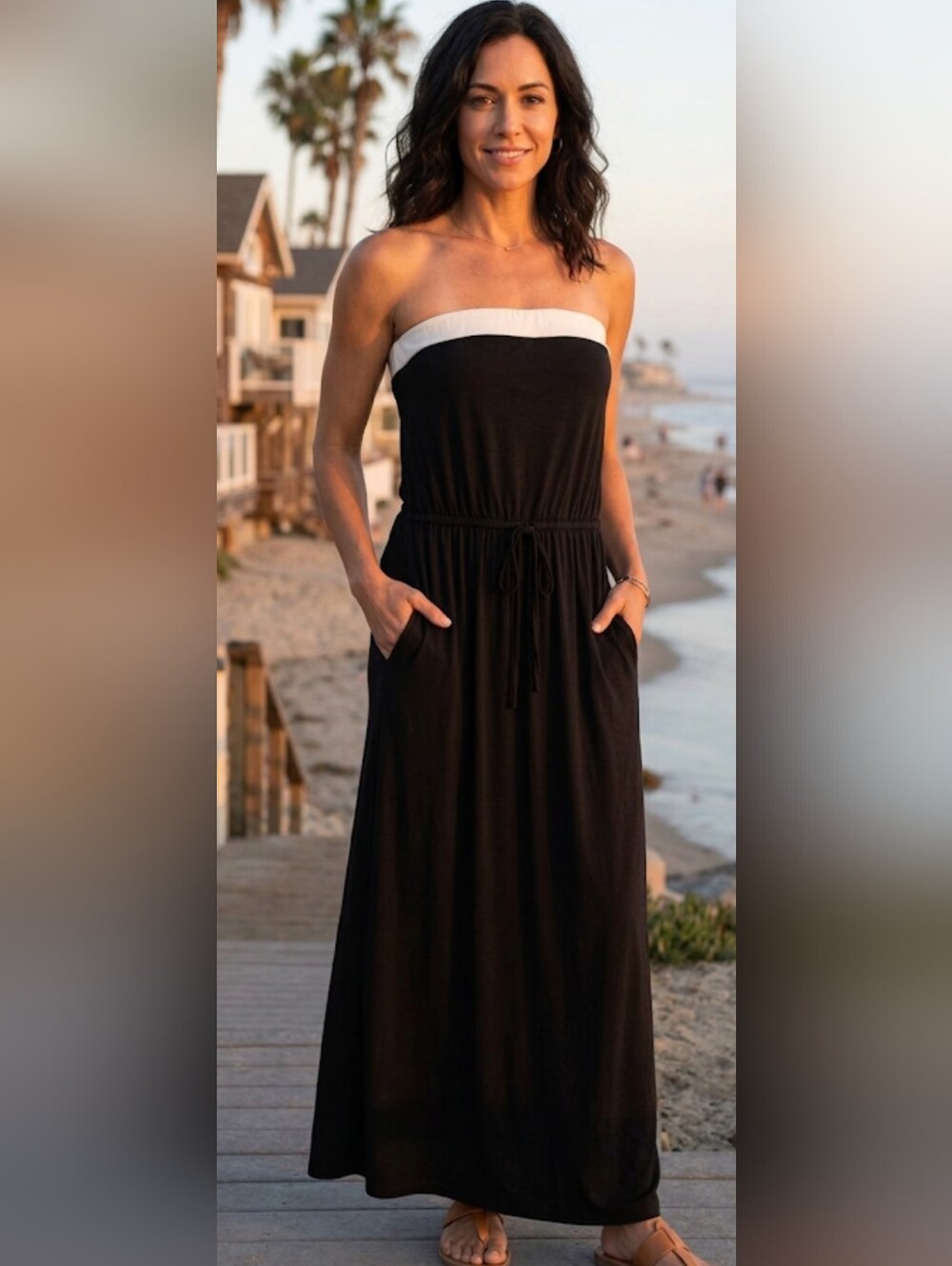 J.Crew Black Strapless Maxi Dress Contrast Trim Pockets Size S